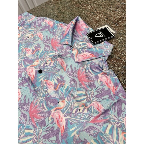 Deolax Mens Golf Polo Shirt L  Flamingo All Over‎ Print Performance Stretchy NWT - Picture 1 of 10